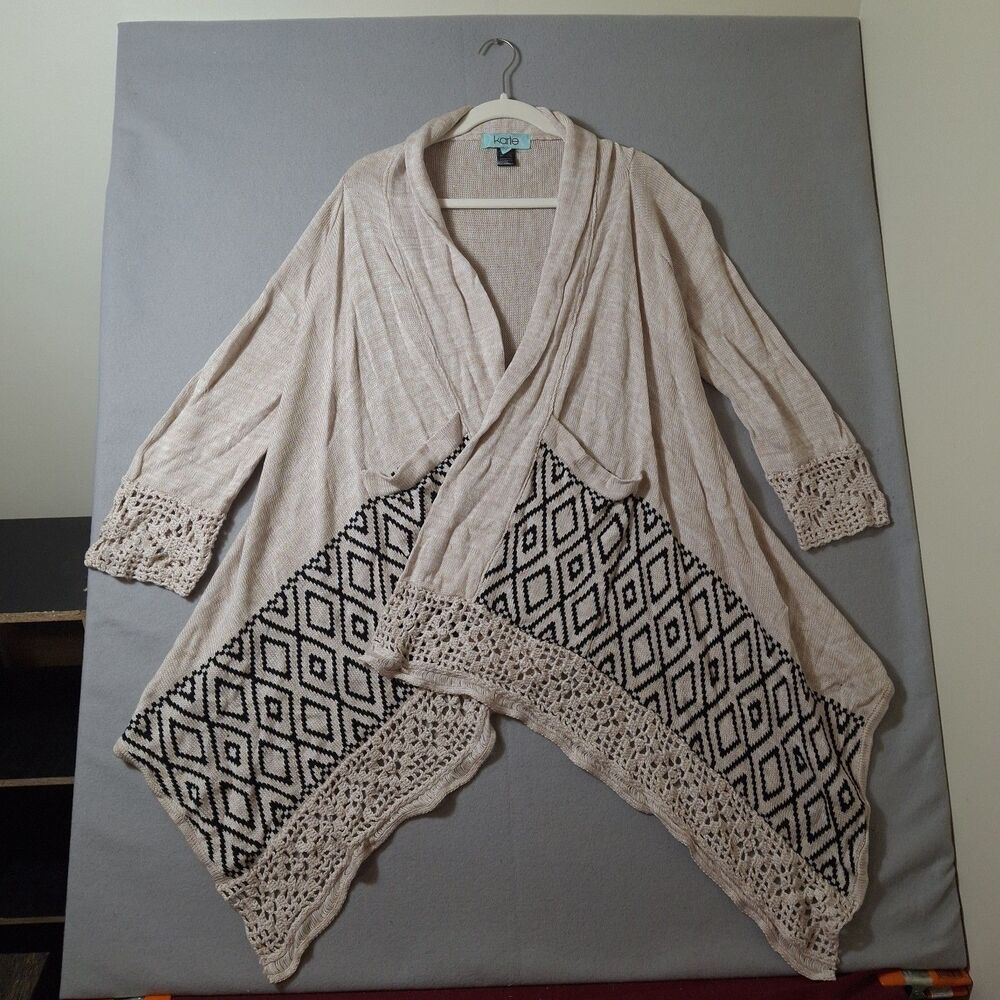 Karlie Open Front Draped Cardigan Sweater Large Geometric Diamond Knit Boho